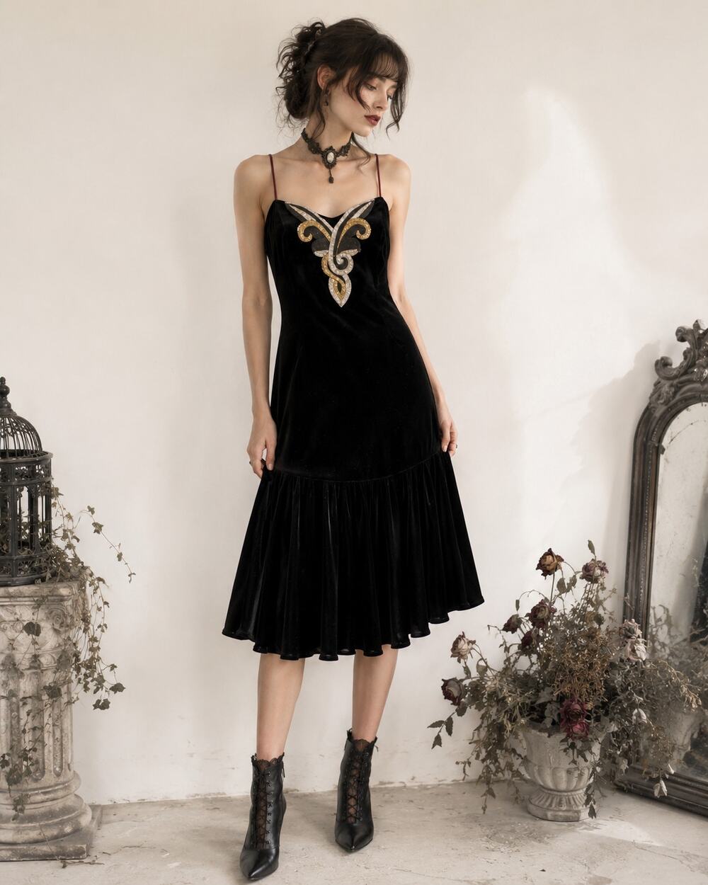 Rimini Vintage Velvet Dress 10 Black Beaded ILGWU Cocktail Party Formal Midi